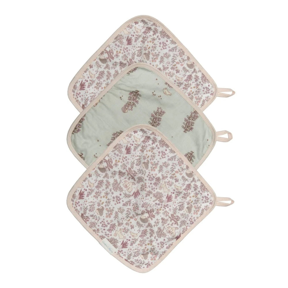 Loulou Lollipop Washcloth 3-Pieces Set in Cream with Pink Floral and Sage Botanical Prints, beige trim