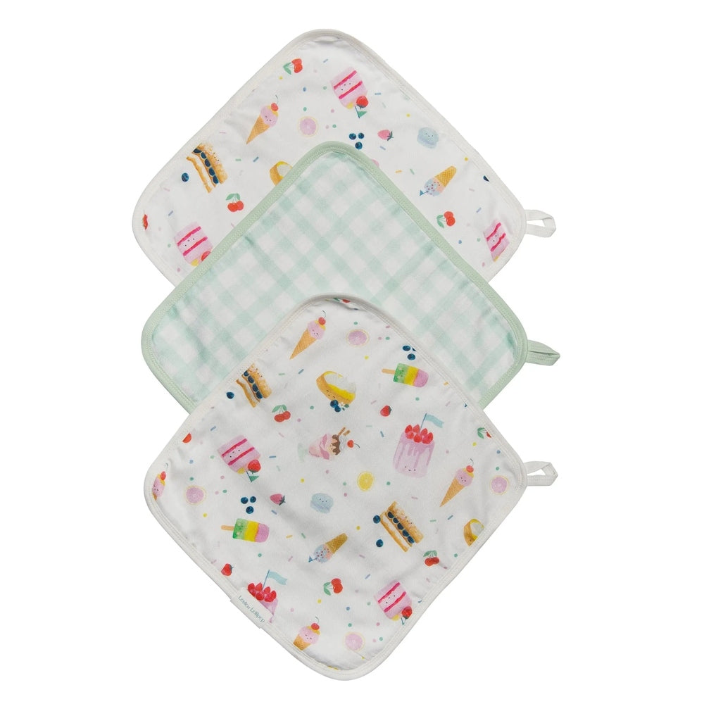 Loulou Lollipop 3-piece washcloth set in cake and ice cream prints with mint gingham backing, shown stacked.