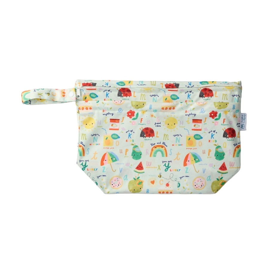 LOULOU LOLLIPOP Wet Dry Bag in pastel fruit print with attached wrist strap, zipper closure for on-the-go diapering.