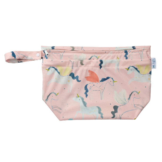 Loulou Lollipop Wet Dry Bag in pastel pink with unicorn print, top zipper and attached wrist strap.