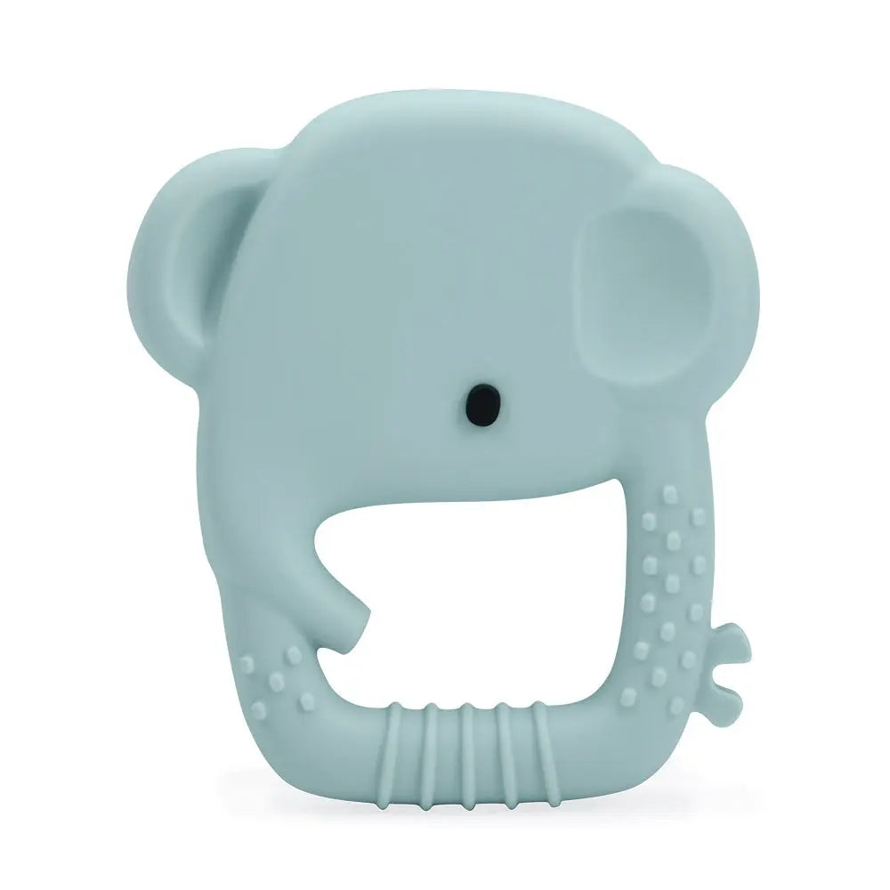 Loulou Lollipop Wild Teether elephant silicone teether in pastel blue with dotted grips and ribbed trunk