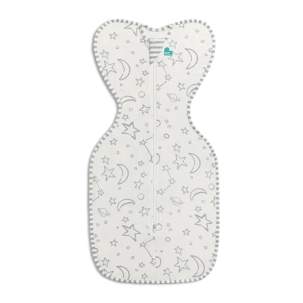 Love To Dream Swaddle Up Bamboo 1.0 Tog Stars & Moon Cream swaddle laid flat with central zipper and grey striped trim