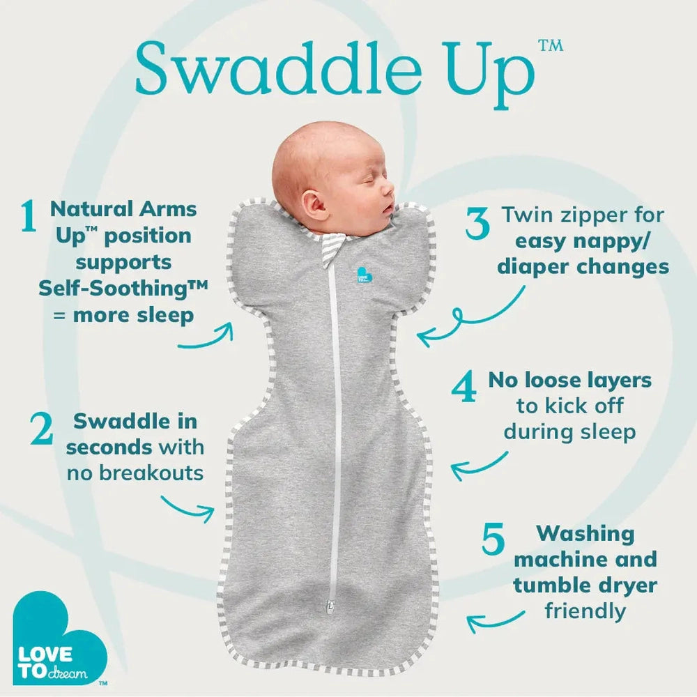 Love To Dream Swaddle Up Cotton 0.2 Tog You Are My Grey infant sleep sack with arms-up design and centered zipper.