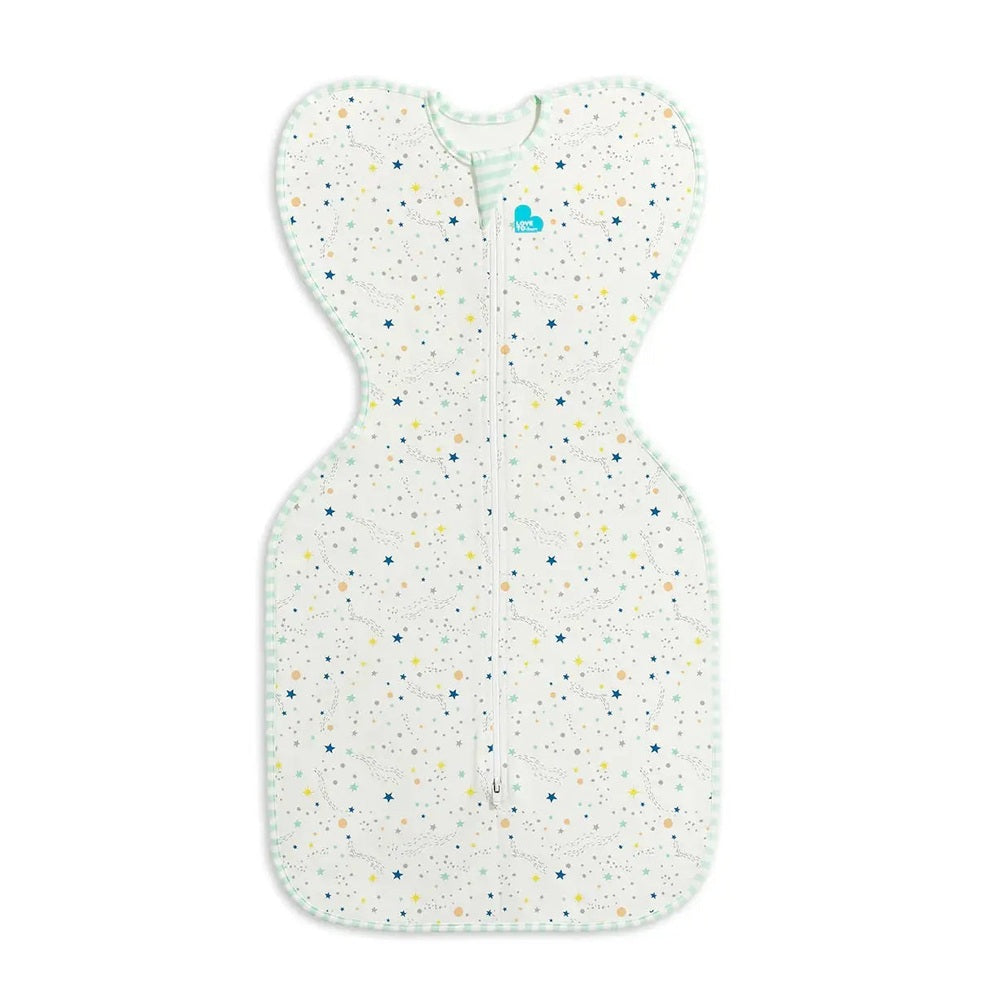 Love To Dream Swaddle Up Organic Cotton 0.2 Tog Cream Constellation baby swaddle laid flat with mint trim and zipper