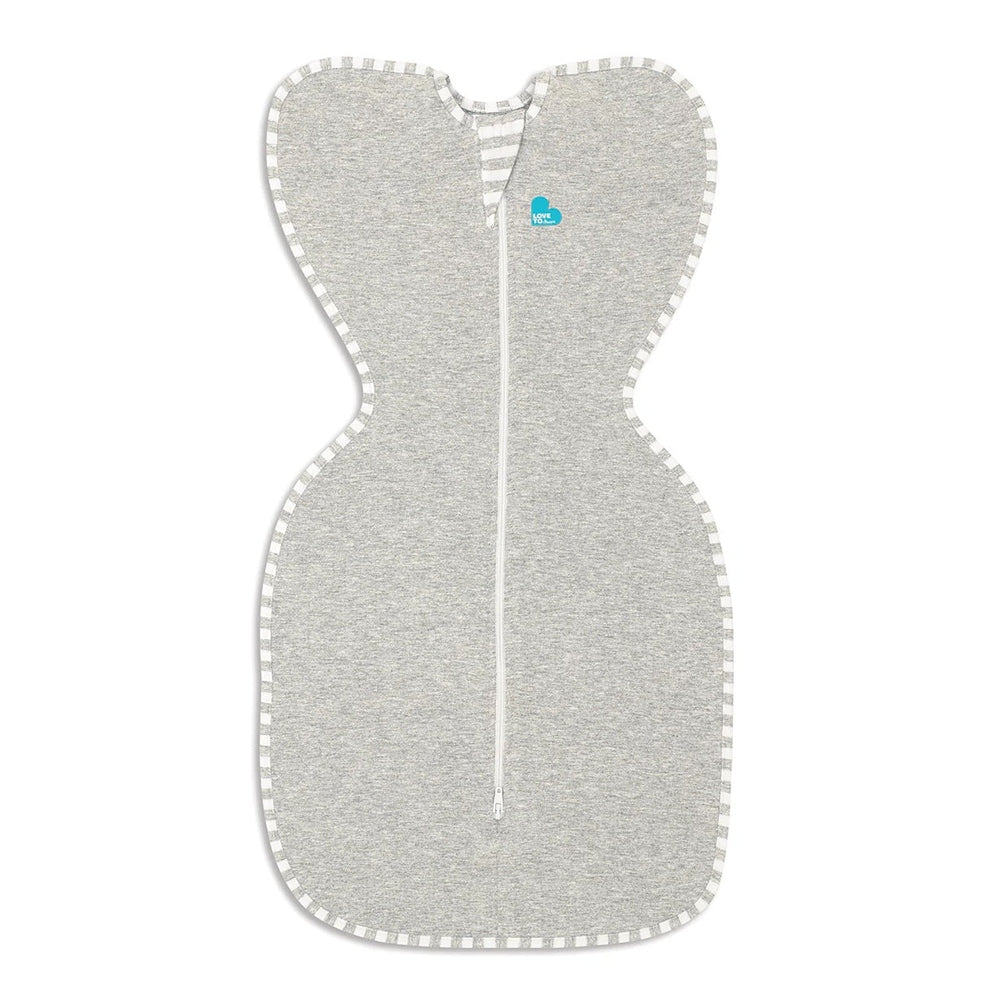 Love To Dream Swaddle Up Original Cotton 1.0 Tog Grey baby swaddle laid flat with center zipper and white trim