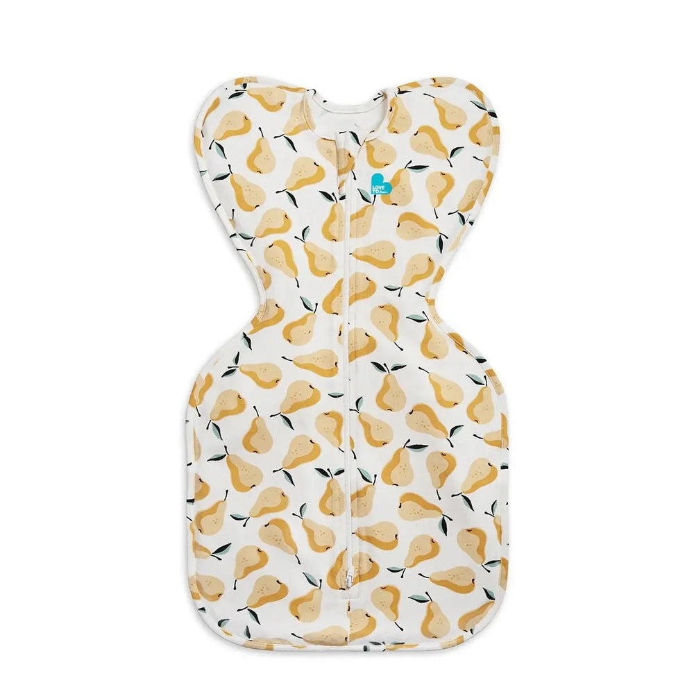 Love To Dream Swaddle Up Original Cotton 1.0 Tog Pear Print Ochre swaddle laid flat with a front zipper.
