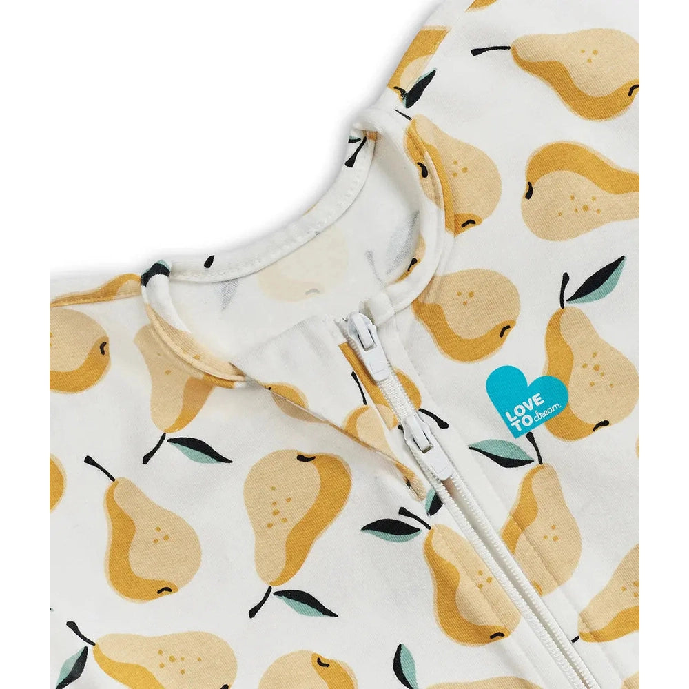 Love To Dream Swaddle Up Original Cotton 1.0 Tog Pear Print Ochre; close-up shows the front zipper fastener.