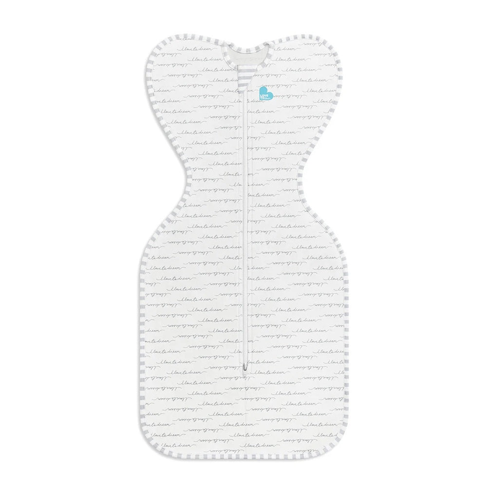 Love To Dream Swaddle Up Original Cotton 1.0 Tog White Dreamer swaddle laid flat with zip closure and striped binding