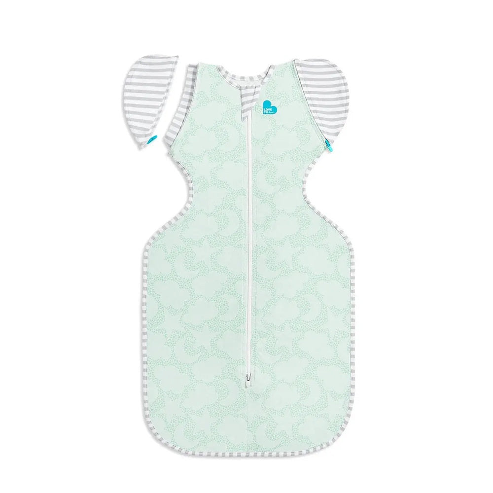 Love To Dream Swaddle Up Transition Bag Organic Cotton 1.0 Tog Celestial Dot Mint, mint body with striped sleeves and front zipper for easy use.