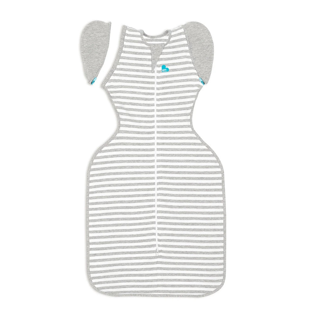Love To Dream Swaddle Up Transition Bag Original Cotton 1.0 Tog in grey stripes, front zipper, wing sleeves.
