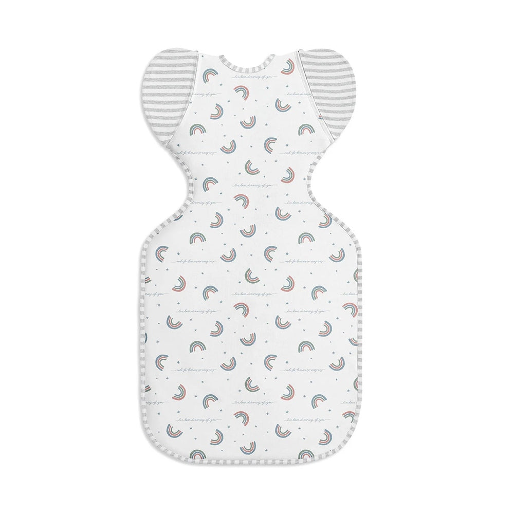 Love To Dream Swaddle Up Transition Bag, Original Cotton 1.0, white with pastel rainbows and gray striped wings