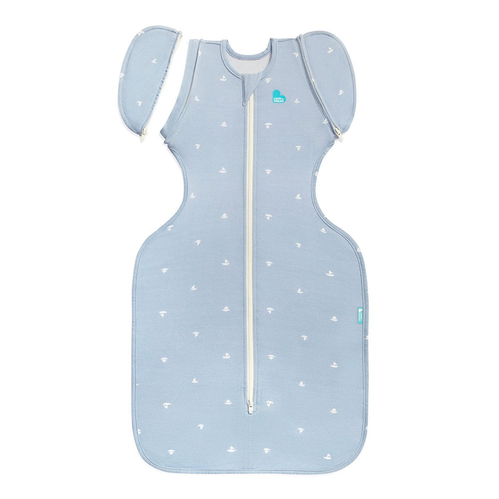 Love To Dream Swaddle Up Transition Bag Viscose From Bamboo 1.0 Tog Mist Blue Boats print and fabric detail