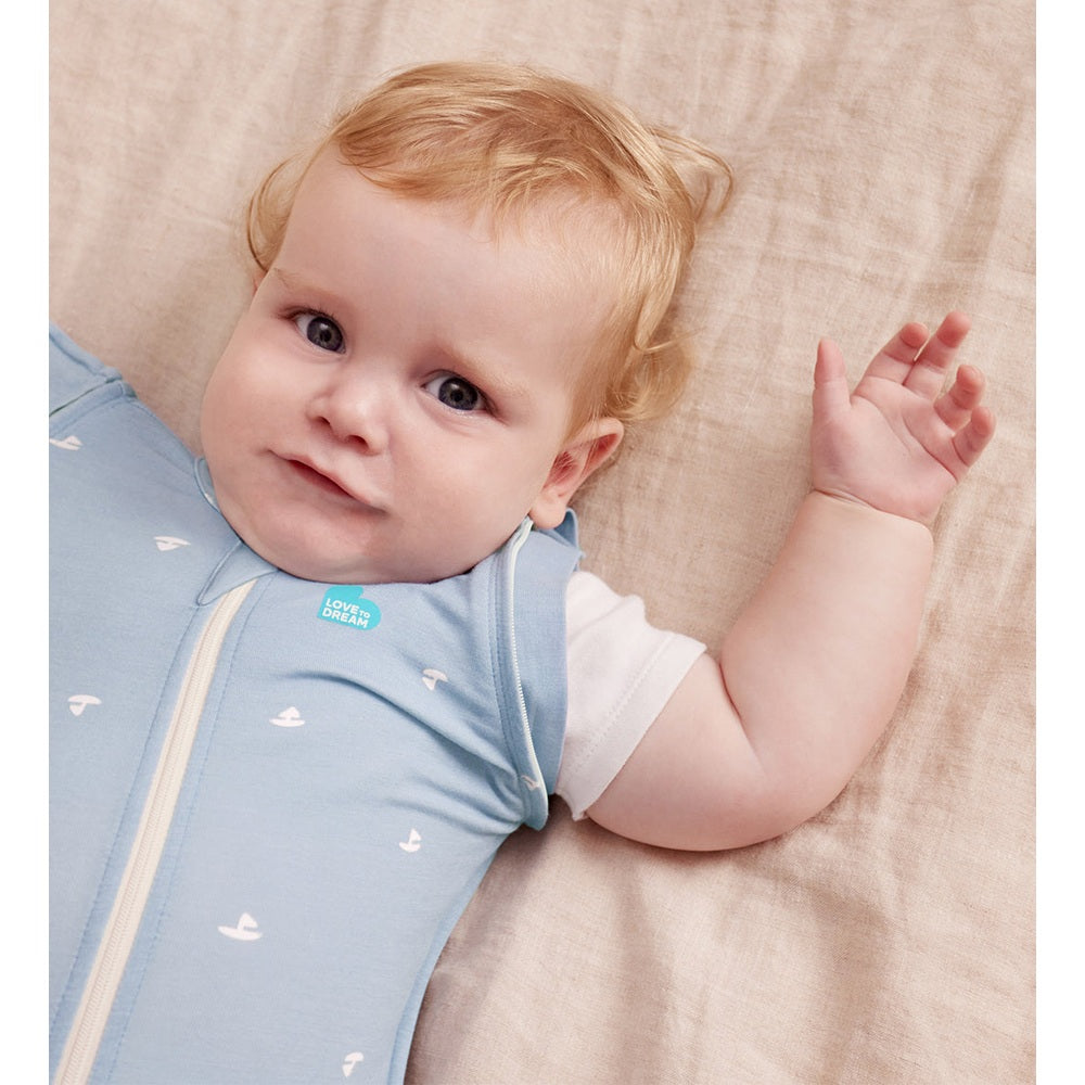 Love To Dream Swaddle Up Transition Bag Viscose From Bamboo 1.0 Tog Mist Blue Boats room temperature guide view
