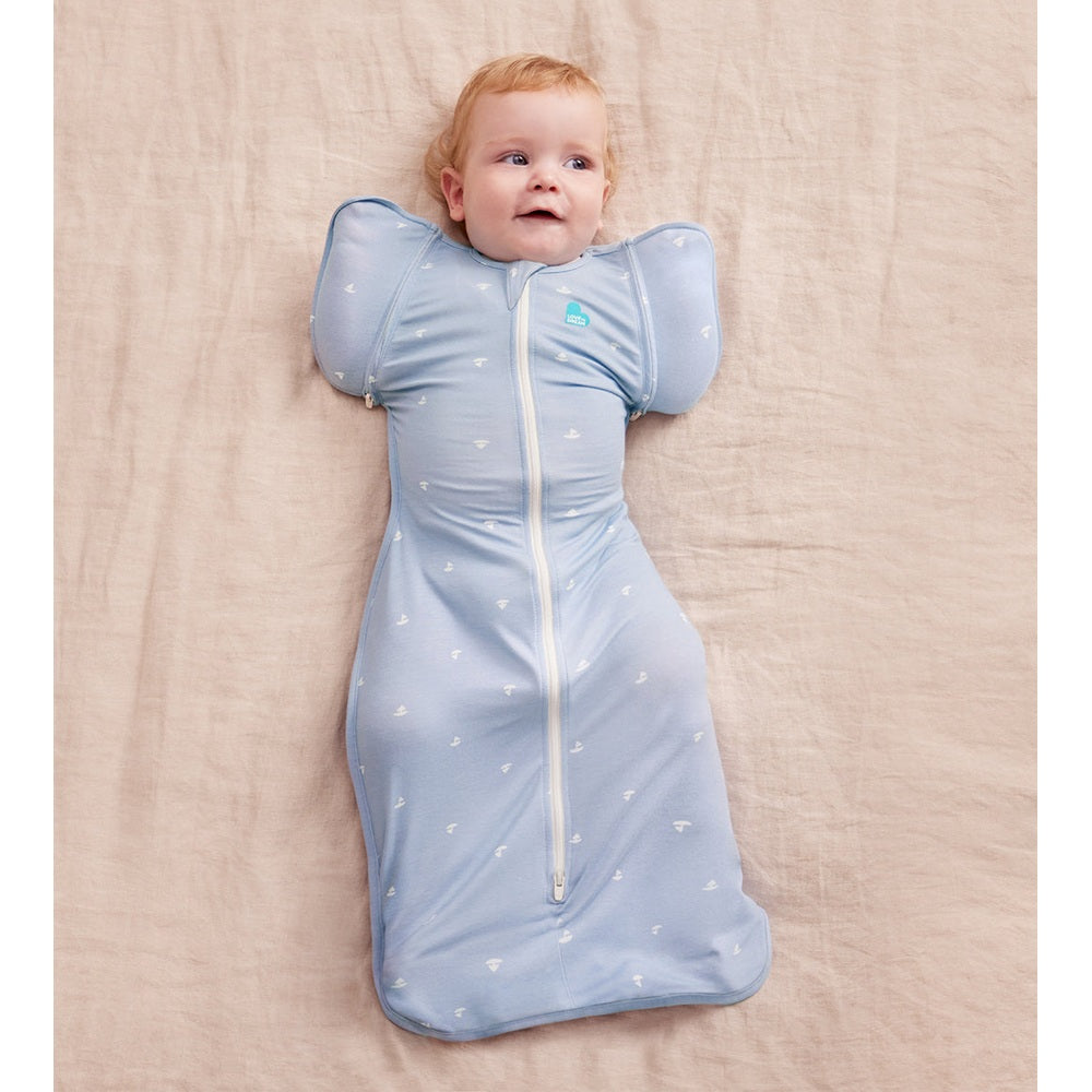 Love To Dream Swaddle Up Transition Bag Viscose From Bamboo 1.0 Tog Mist Blue Boats front view