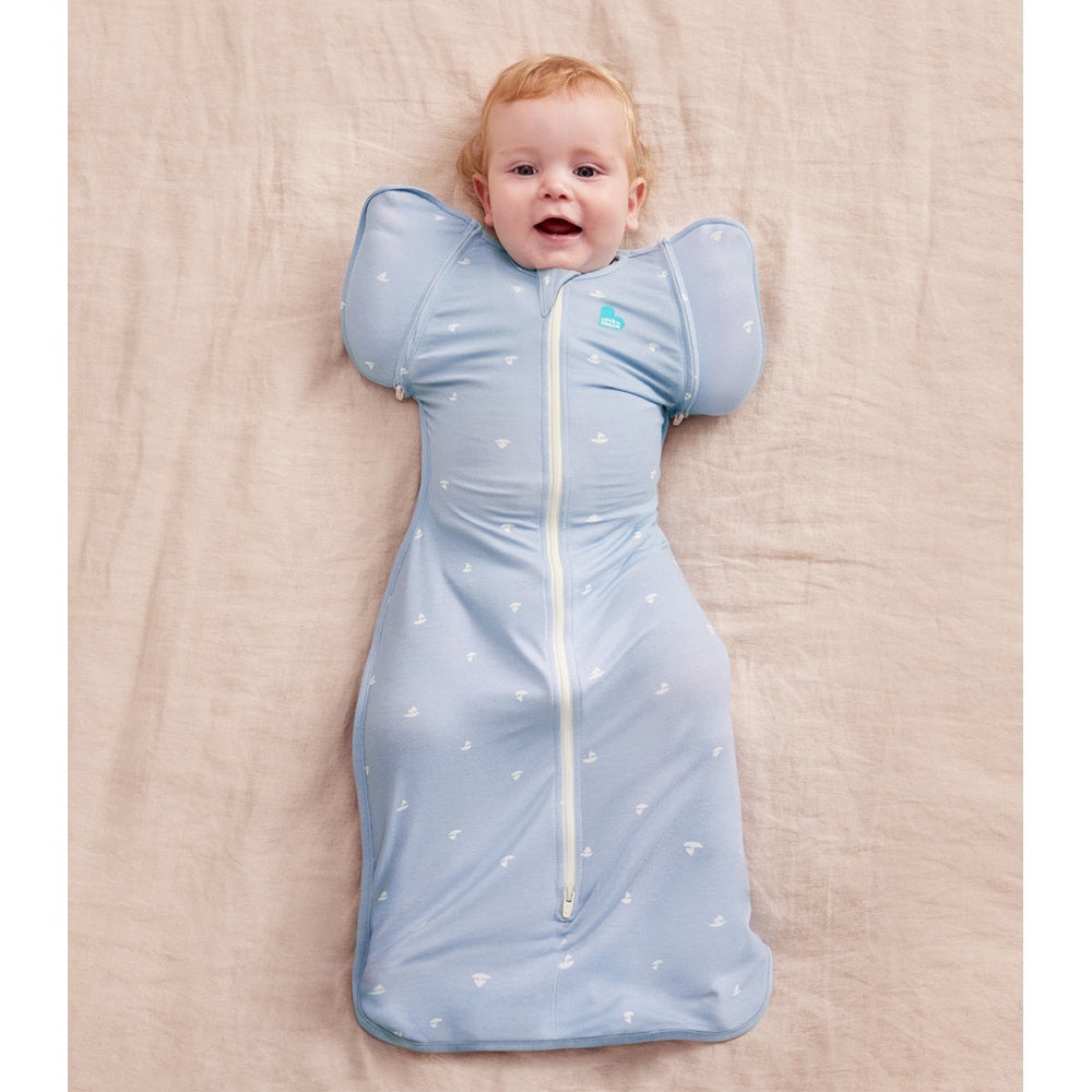 Love To Dream Swaddle Up Transition Bag Viscose From Bamboo 1.0 Tog Mist Blue Boats baby sleep routine view