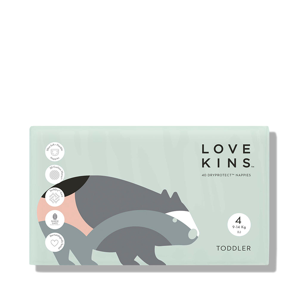 Lovekins DryProtect Toddler Nappies L (9–14 kg), mint packaging with a grey hippo illustration, 40 nappies