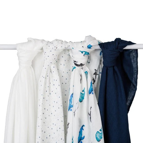 Lulujo bamboo muslin swaddle blankets 4-pack in white with star and whale prints and navy solid