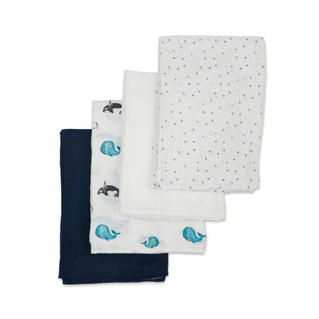 Lulujo bamboo muslin swaddle blankets 4-pack with whale and star patterns in white, navy.