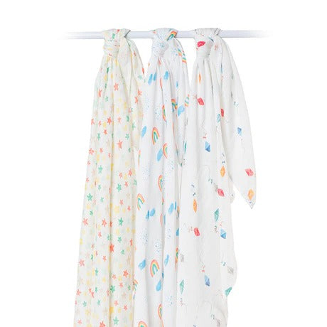 Lulujo baby bamboo swaddles 3-pack in white with pastel stars, rainbows, and boats