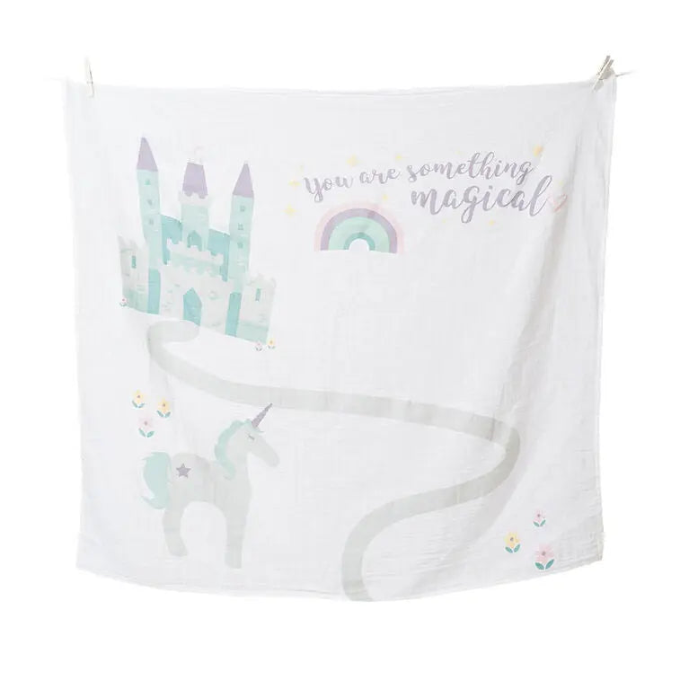 LULUJO Baby's 1st Year Set blanket, pastel unicorn castle rainbow design, hung on a line.