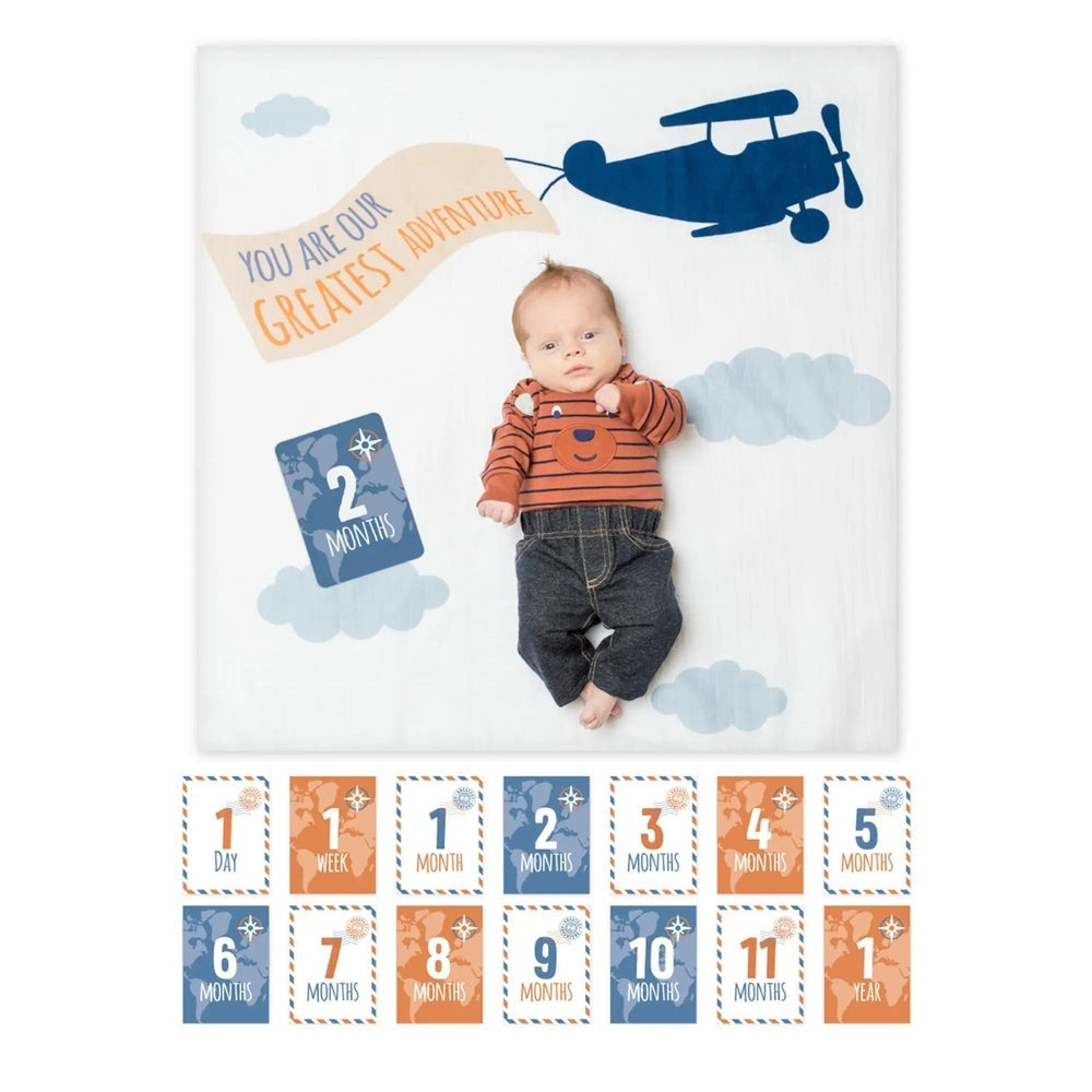 Lulujo Baby's 1st Year Set: baby on blue-orange airplane backdrop with milestone cards laid out below.