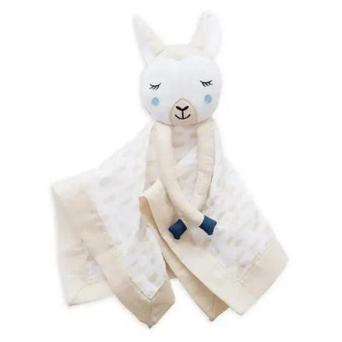 Lulujo Lovely Muslin Cotton baby lovey with plush llama head, cream and beige blanket draped around.