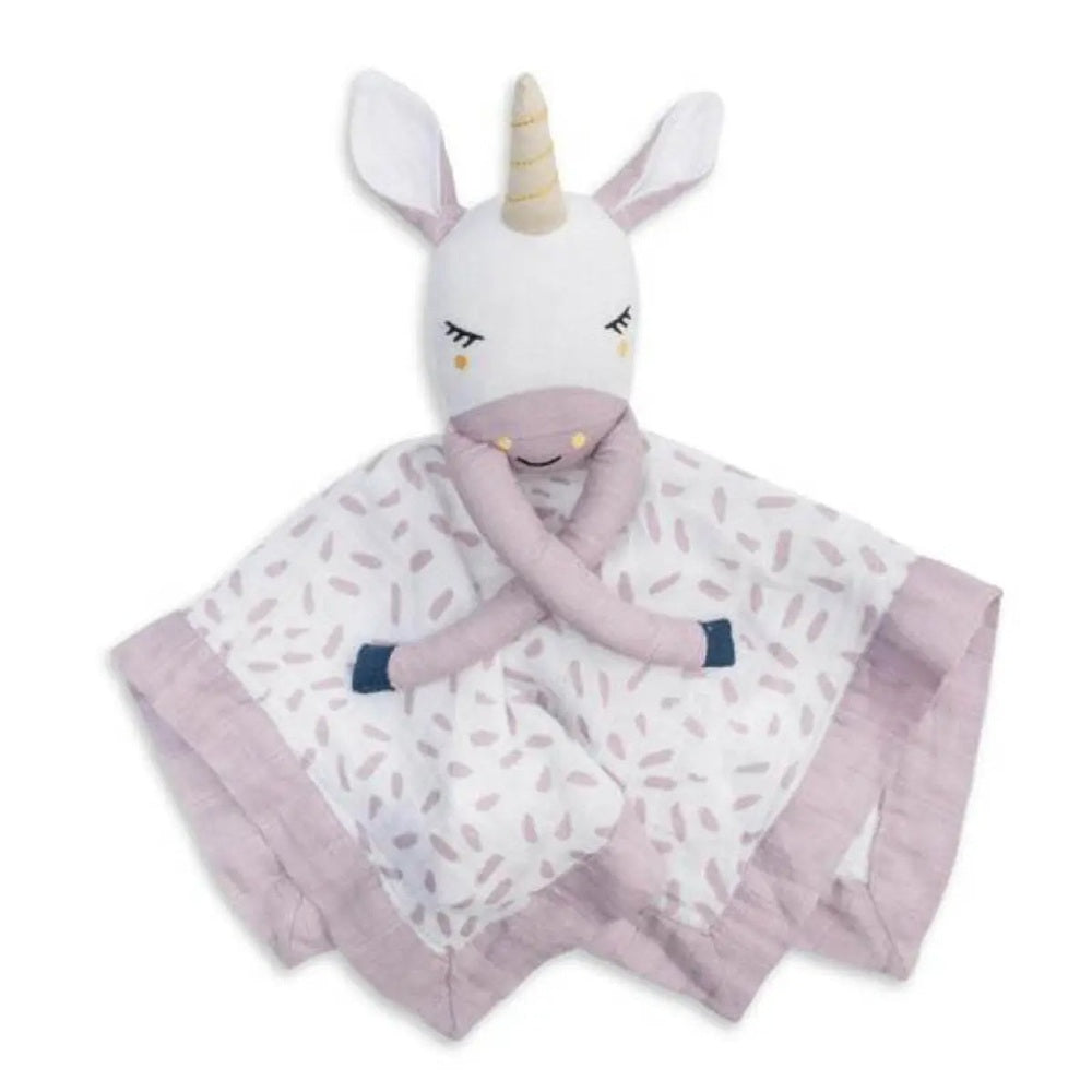 Lulujo Lovely Muslin Cotton unicorn lovey blanket with plush head and pastel pink trim.