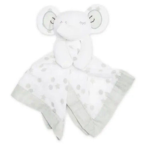 LULUJO Lovely Muslin Cotton elephant security plush resting on a gray-trim blanket