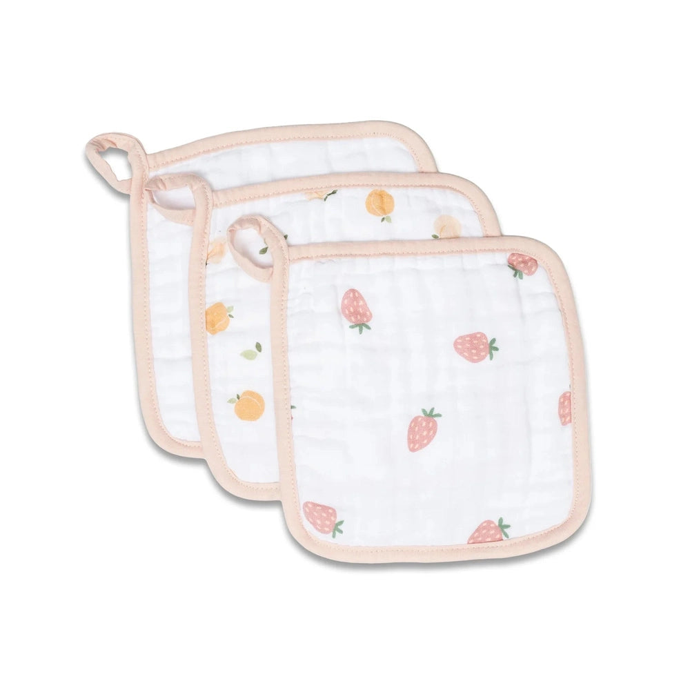 Lulujo muslin washcloths 3-pack, white cloths with pink strawberry prints and pale pink trim