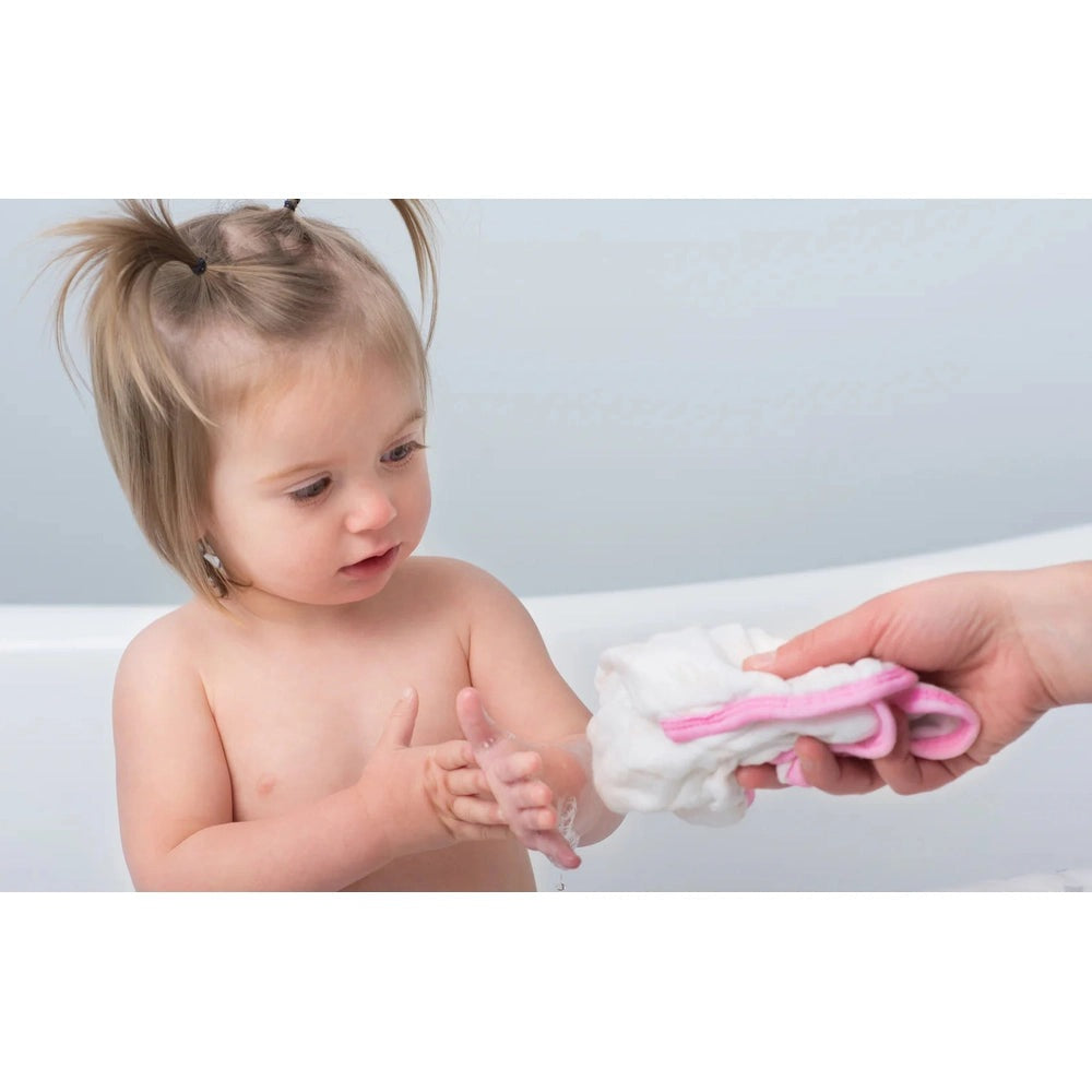 Lulujo muslin washcloths 3-pack in white with pink trim for baby bath time