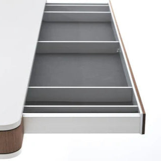 MOLL T7 XL desk in white with walnut finish; drawers open showing organized interior compartments