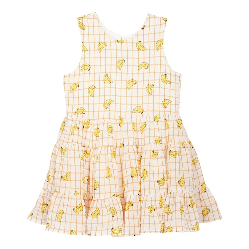 MABEL AND HONEY Bananas Printed Crinkle Chiffon Dress for girls, peach grid with yellow bananas and tiered ruffle hem