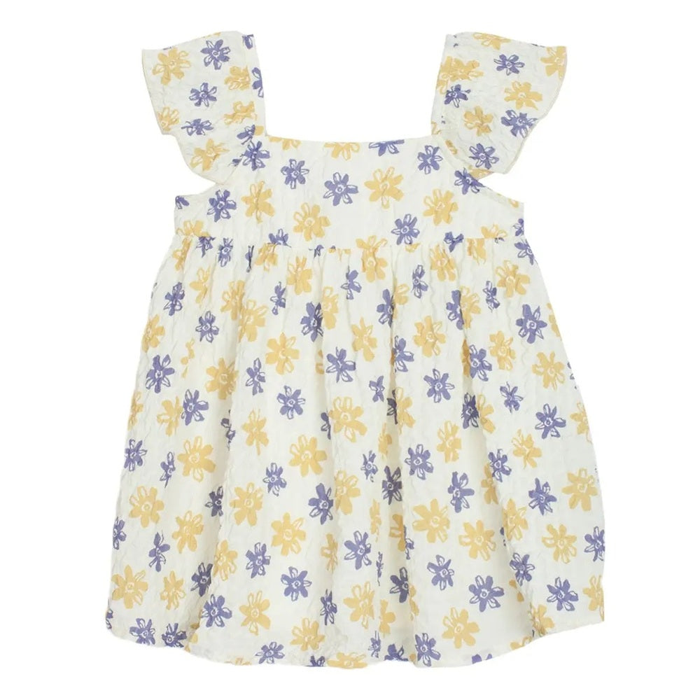 Mabel And Honey Floral Textured Crepe Dress White with yellow and purple flowers, flutter sleeves and gathered skirt.