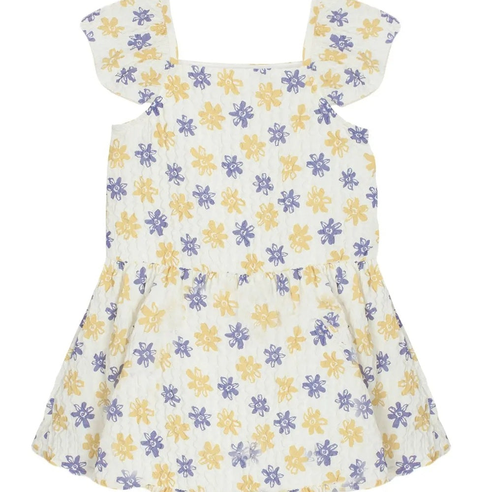 Mabel And Honey Floral Textured Crepe Dress in white with yellow and purple flowers, flutter sleeves