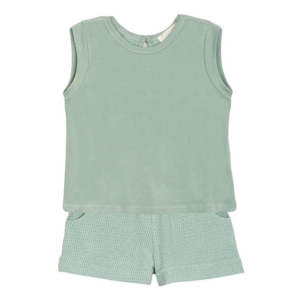 Mabel and Honey Sydney Textured Knit 2pc Set Green: sleeveless top with matching textured shorts, front view.