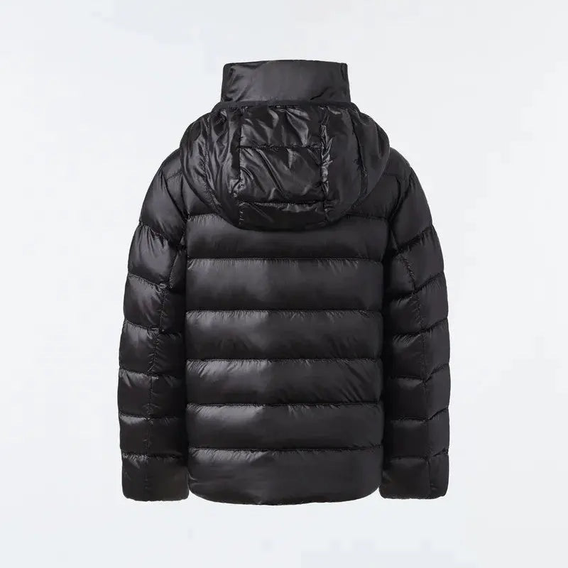 Mackage Billy Recycled Ripstop Down Jacket for toddler in black, back view with hood and horizontal quilted panels.