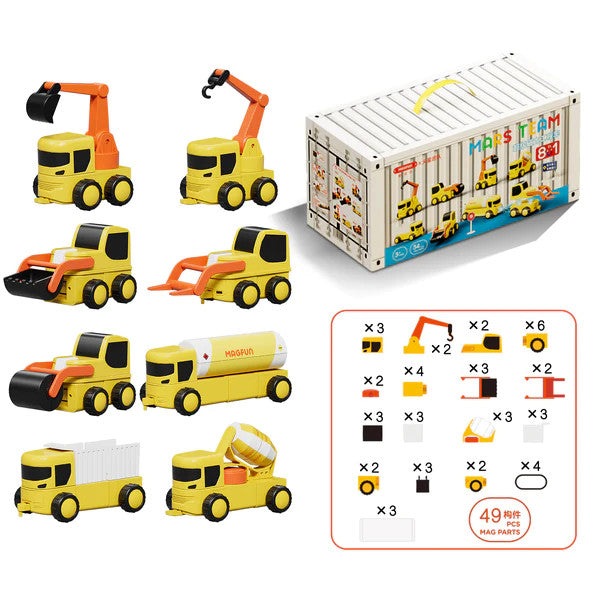 Magfun 8-in-1 magnetic toy car set with yellow construction trucks and orange cranes; includes storage box