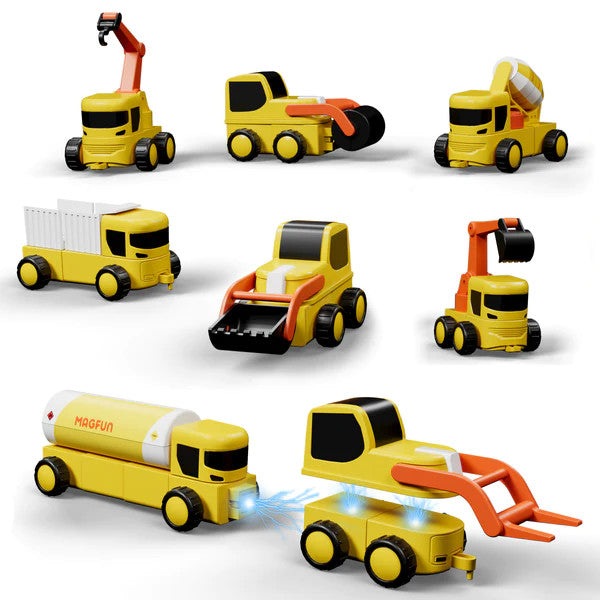 Magfun magnetic 8-in-1 toy car set featuring yellow construction trucks with orange attachments MAGFUN