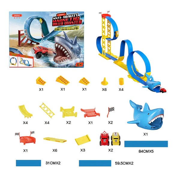 Magfun Magnetic Shark Roller Coaster toy set with blue shark head and yellow-blue track plus accessories