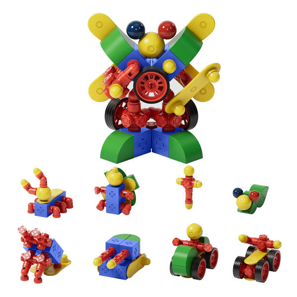 Magfun magnetic toy set; colorful plastic building blocks form a large central figure and multiple small vehicle builds.