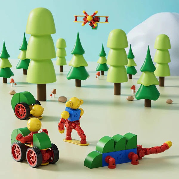Magfun magnetic toy set with colorful robots and vehicles in a green forest scene