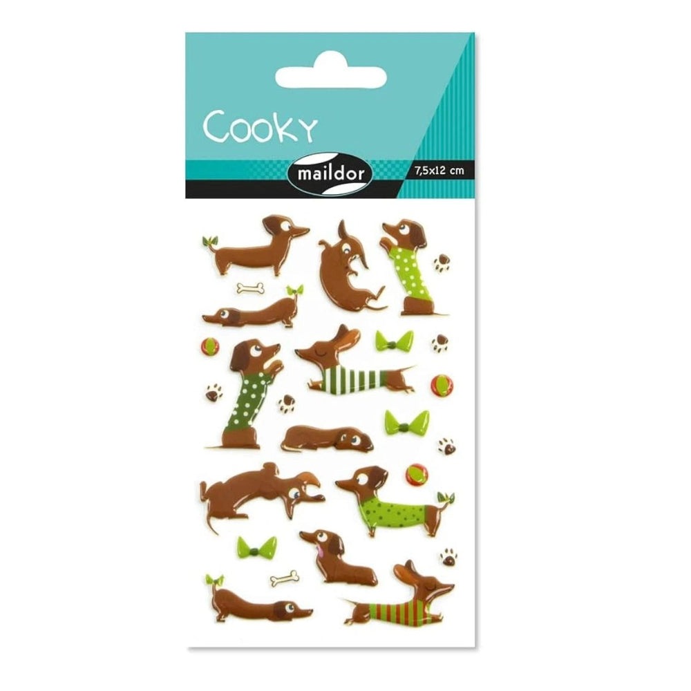 Maildor Cooky dog stickers: brown dachshunds in green outfits with bones and balls, assorted poses (18 stickers)