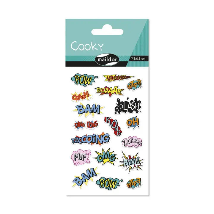 Maildor Cooky sticker sheet featuring colorful comic-style sound effects and phrases, 7.5x12 cm