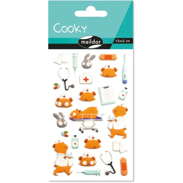 Maildor Cooky stickers sheet with 24 orange medical-themed animal characters for crafts