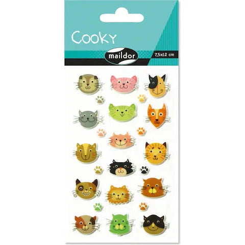 Maildor Cooky cat face sticker sheet with colorful cat heads and paw prints
