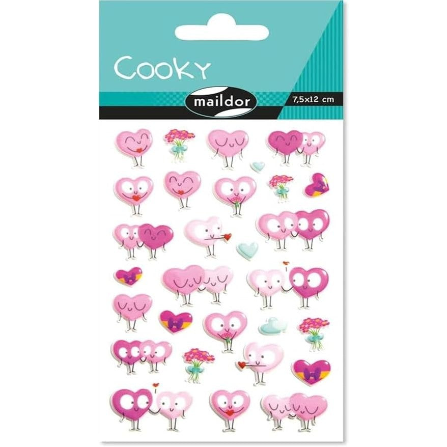 Maildor Cooky stickers pack featuring pink heart characters with faces and small bouquets (7.5x12 cm)