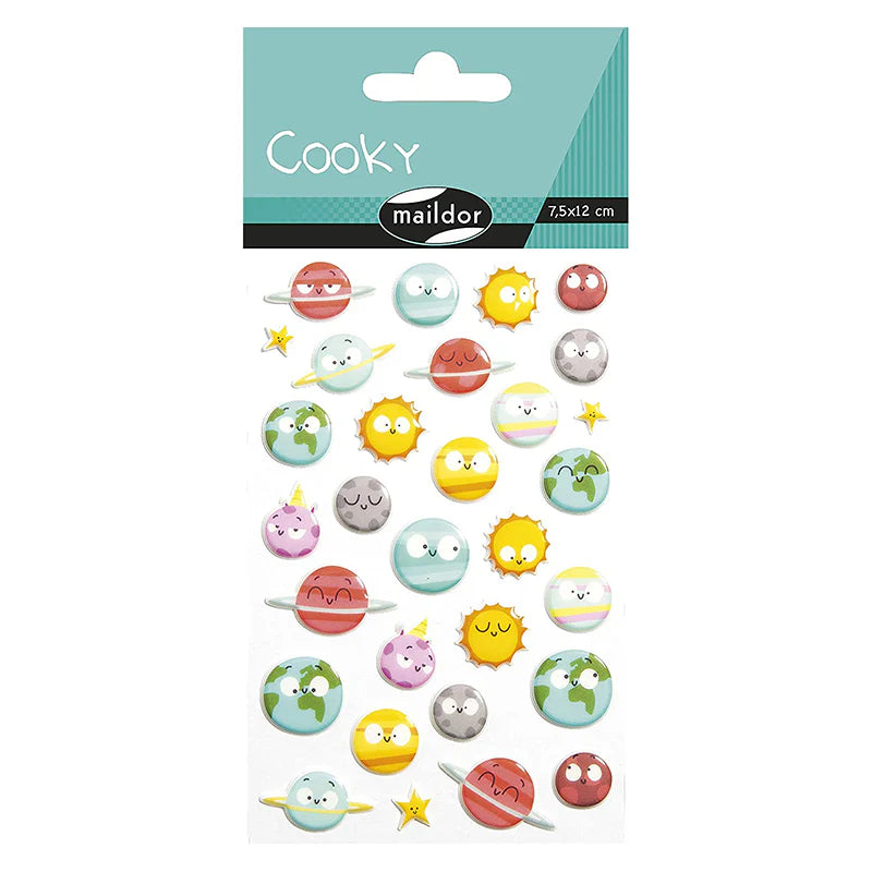 Maildor Cooky stickers sheet featuring colorful circular planets, suns, and stars for crafts