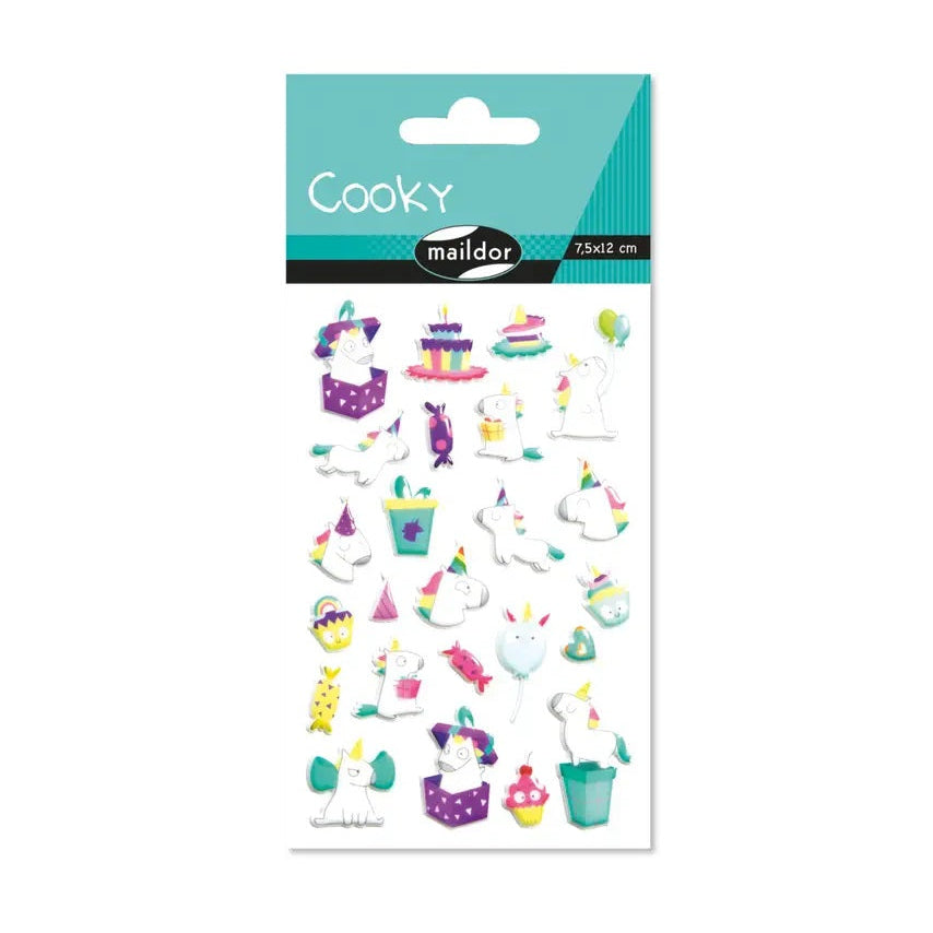 Maildor Cooky stickers set with colorful party-themed characters, cakes, balloons and gifts