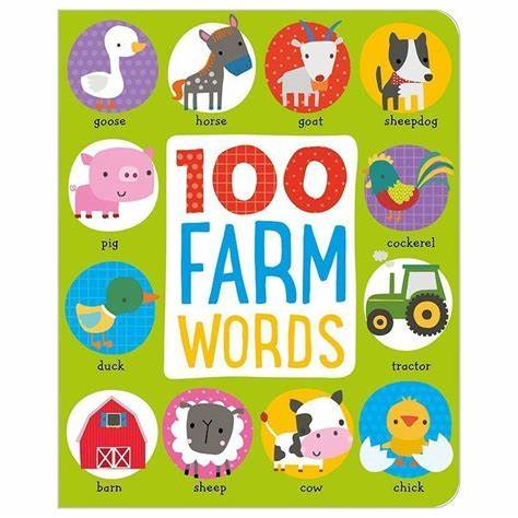 Make Believe Ideas 100 Farm Words children's book cover featuring bright farm animals around the title