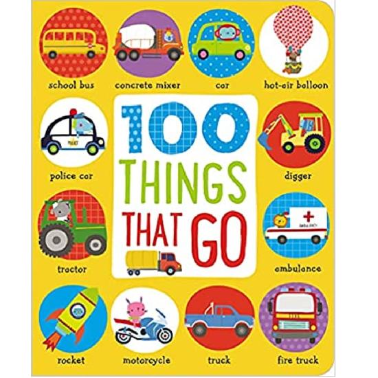 Make Believe Ideas 100 Things That Go children's book with 12 colorful vehicle illustrations on a bright yellow cover